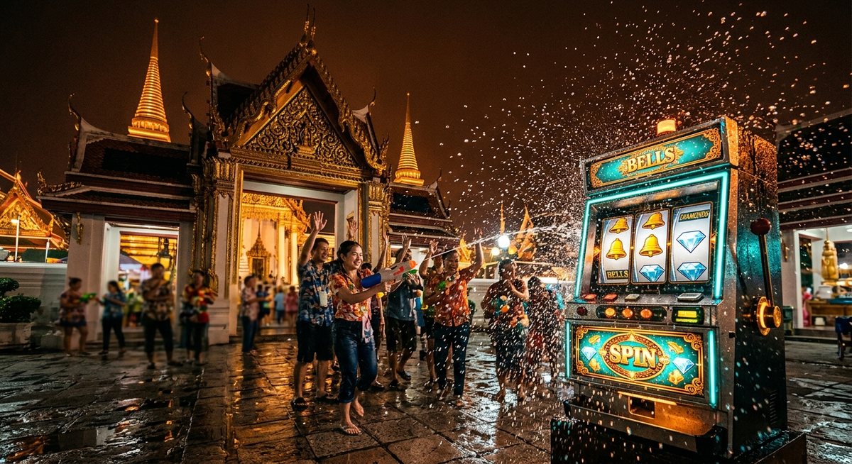 Kabinet mesin slot berhiaskan ukiran Thai dan percikan air songkran dengan gulungan bel dan berlian