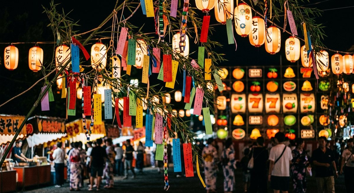 Potongan kertas warna-warni terikat di ranting bambu festival musim panas dengan lentera menyala