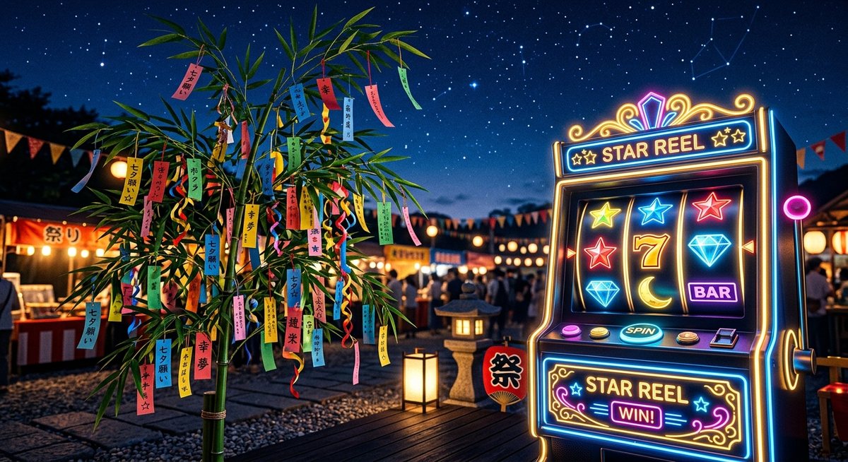 Ranting bambu tanabata penuh kertas harapan berwarna berdiri di samping kabinet slot bernuansa malam bintang